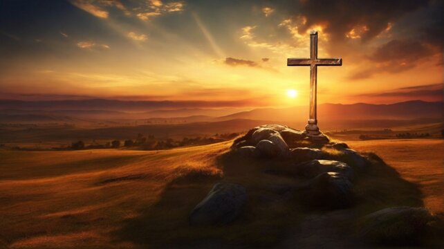 Holy cross symbolizing the death and resurrection of jesus christ with dramatic sky view