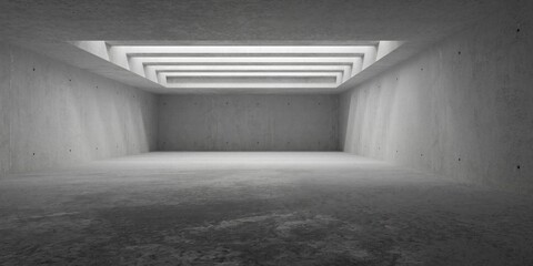 Abstract empty, modern concrete room with horizontal beams in the ceiling and rough floor - industrial interior background template