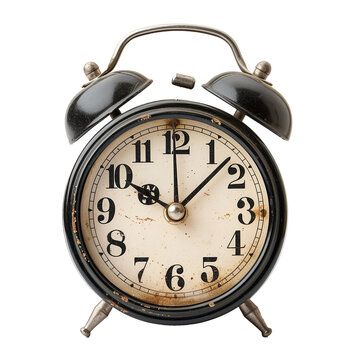 A close-up of a classic analog alarm clock  isolated on transparent background