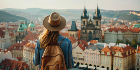 Young traveler woman exploring famous landmarks. Back view of female tourist on sunny vacation day