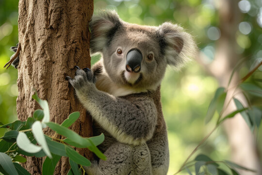 Close-up cute koala climbed on a tree