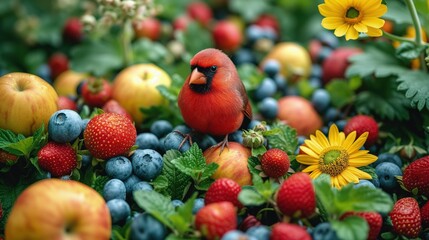 Czerwony ptak siedzący na szczycie sterty owoców - obrazy, fototapety, plakaty