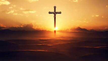 Holy cross symbolizing the death and resurrection of jesus christ with dramatic sky view - obrazy, fototapety, plakaty