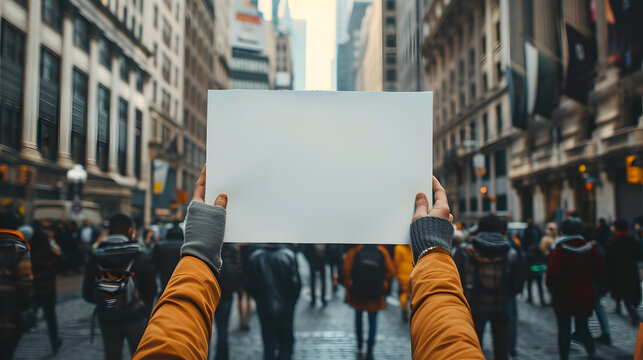 People person hands holding showing blank white empty paper board frame billboard sign on street for message ad advertising with copy space for text, protest protesting concept
