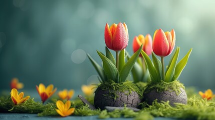 Tulipany wyrastają z kamiennych doniczek. Prezentacja produktu, tło do posta social media na...
