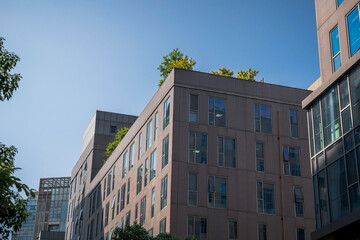 Close-up of a modern business city building looking up