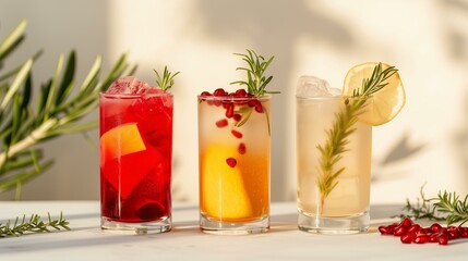 three modern fresh non alcoholic mocktails, minimalist, pommegranates and rosemary