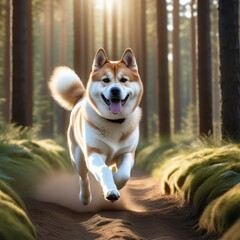 Akita Inu dog running wildly in a forest with open mouse. Generative AI