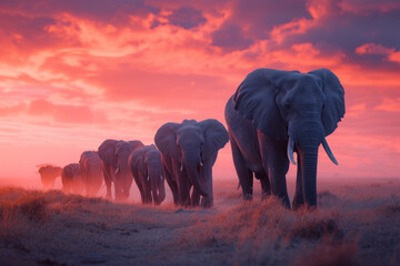 Herd of elephants in the grass field at sunset - obrazy, fototapety, plakaty