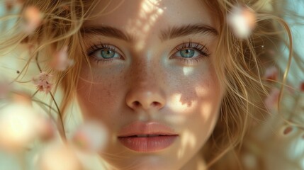 Fototapeta premium Kobieta z niebieskimi oczami i kwiatem we włosach