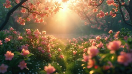 Obraz na płótnie Canvas Słońce świeci przez drzewa i kwiaty