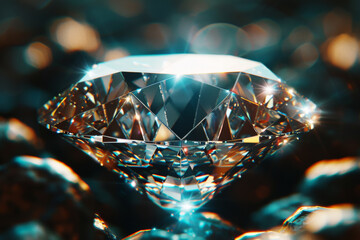 Sparkling Diamond with Golden Glow.
A single diamond shines with fiery highlights. - obrazy, fototapety, plakaty