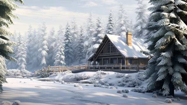 Tranquil Winter Retreat: Serene 3D Rendered Snowscape of a Rustic Log Cabin in the Woods | Capturing the Purity and Beauty of the 2023 Winter Season