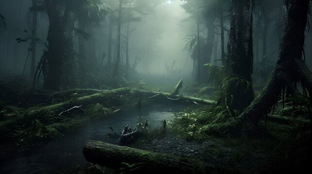 Eerie Swampy Jungle: 3D Rendered Scene Shrouded in Creepy Fog | Dark and Foreboding Atmosphere Enhancing the Mysterious Nature of the Setting
