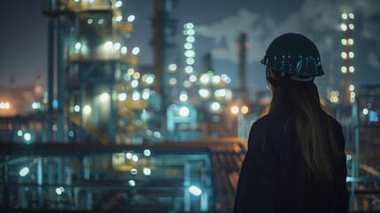 Female Engineer Observing Nighttime Industrial Scene.
An engineer surveys industrial operations at night. - obrazy, fototapety, plakaty