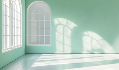 Obraz premium Arched Window Casting Shadows in Mint Room. Mint green room with a large arched window creating beautiful shadow patterns on the floor, evoking tranquility and space.