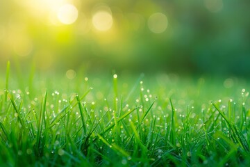 A close-up of dew-covered grass, with the early morning light creating a bokeh effect, text space