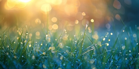 Dew-speckled grass with soft morning bokeh effect - obrazy, fototapety, plakaty