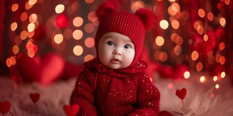 Portrait of an adorable baby dressed in red. Bokeh lights in the background.