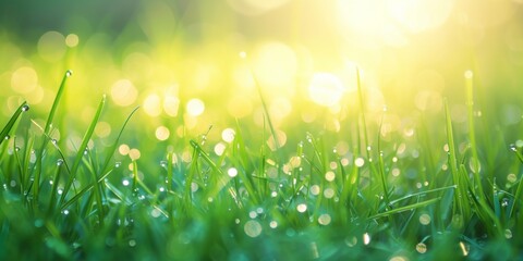Obraz premium A close-up of dew-covered grass, with the early morning light creating a bokeh effect, text space