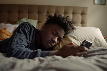 Young black man lay on her bed looking at her phone. AI generative - obrazy, fototapety, plakaty