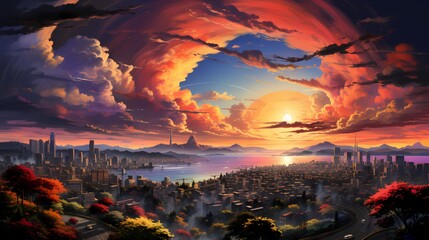 A top view of a vibrant rainbow stretching over a bustling cityscape, with fluffy clouds...