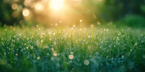 Poster Dew-speckled grass with soft morning bokeh effect © mikeosphoto