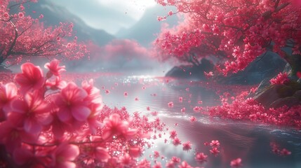 Obrazy na Plexi  Obraz rzeki otoczonej różowymi kwiatami