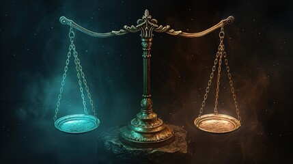 law scales sitting in a dark background, in the style of futuristic digital art, dark cyan and dark beige, generative ai