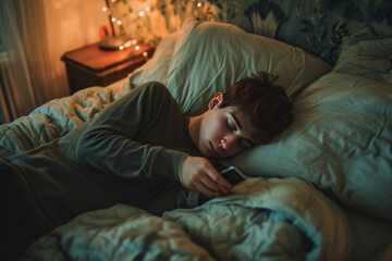 Young caucasian man lay on her bed looking at her phone. AI generative