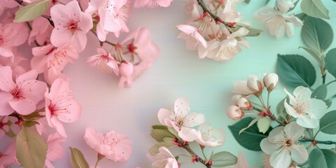 Fototapeta na wymiar Spring cherry blossoms against a pastel spring background