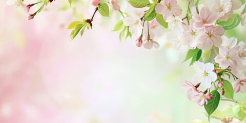 Spring cherry blossoms and tender green leaves against a soft gradient backdrop