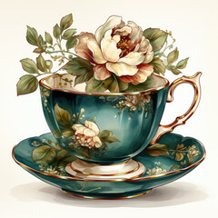 watercolor Vintage Tea Cup clipart, Generative Ai