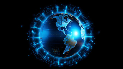 : Detailed Globe with Integrated Circuitry and Digital Elements | Soft Blue Glow on Dark Futuristic Background