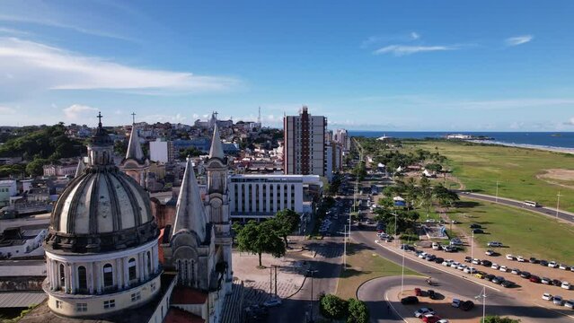 Aerial view of Ilheus, tourist town in Bahia. Historic city center with Catedral Sao Sebastiao.