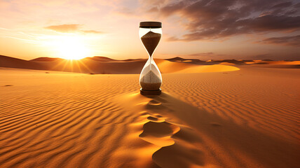An hour glass on the dessert sand during sun set, concept of timeless, countdown