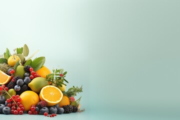 Fresh fruits kiwi raspberry avocado orange and lemon on a green background with copy space.