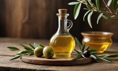 Naturally Exquisite: Olive Oil and Branch on Vintage Table