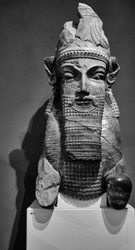 Tehran (Teheran), Iran, 06.24.2023: relief of King's battle with lion. Ancient Iran national Museum. Black and white photo.