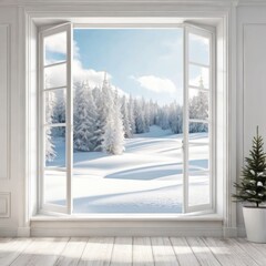 Mock up of empty room in white color with winter landscape in window. Scandinavian interior design. 3D illustration