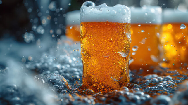 Pouring beer with foam bubbles in glass for background on front view of waves, drinking alcohol