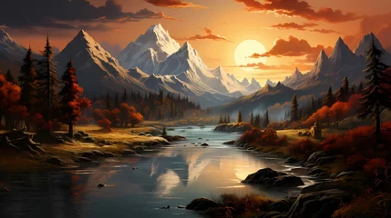 Poster Reflectie A tranquil lake reflecting the golden hues of a setting sun, surrounded by tall mountains
