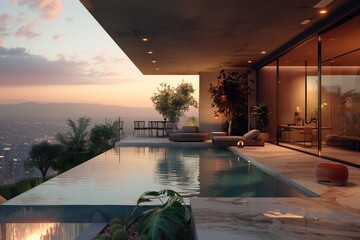 A luxurious penthouse terrace at dusk, with an infinity pool reflecting the sky's colors. The terrace offers a panoramic view of a Los Angeles cityscape