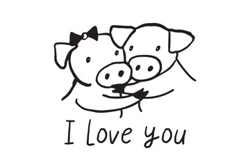 Valentine's day love couple pigs vector line illustartions set.