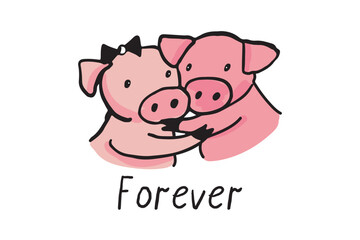 Valentine's day love couple pigs vector illustartions set.