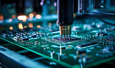 Precision automated machine arm calibrating and assembling circuit board components in a high-tech electronic manufacturing facility