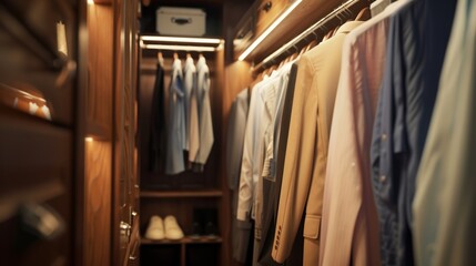 Fototapeta na wymiar Clothes hanging on a rails in a wardrobe