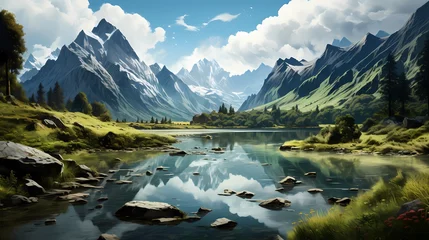 Tuinposter Reflectie A tranquil lake surrounded by lush green mountains, reflecting the serene beauty of nature