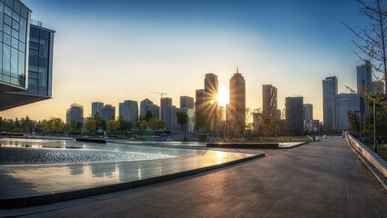Panoramic Sunset View of a Modern Cityscape and Urban Park