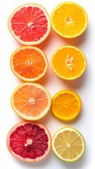 Orange, lemon, grapefruit citrus slices  on white background, flat lay 